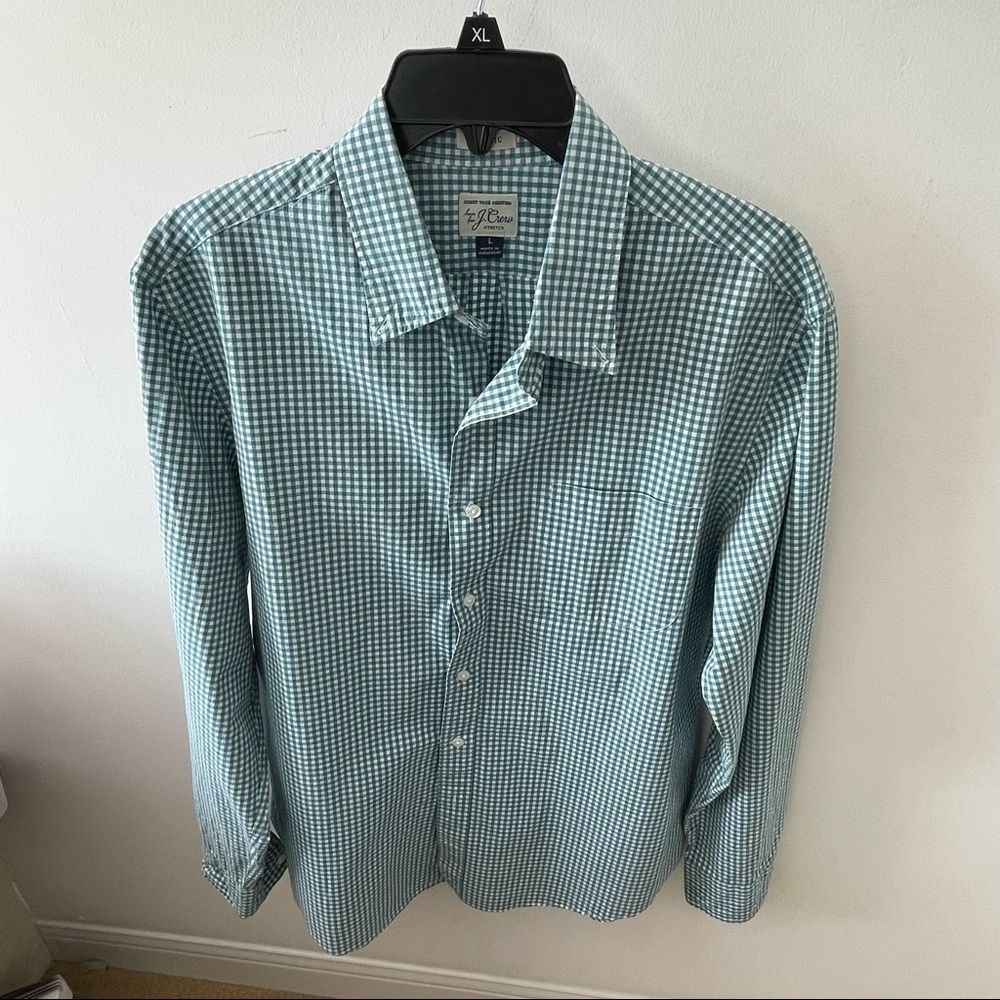 J Crew Size L Green plaid dress shirt Stretch classic fit Cotton and elastane - Picture 1 of 5